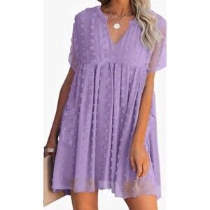 MIHOLL Womens V Neck Short Sleeve Ruffle Loose Summer Flowy Mini Dress XXL